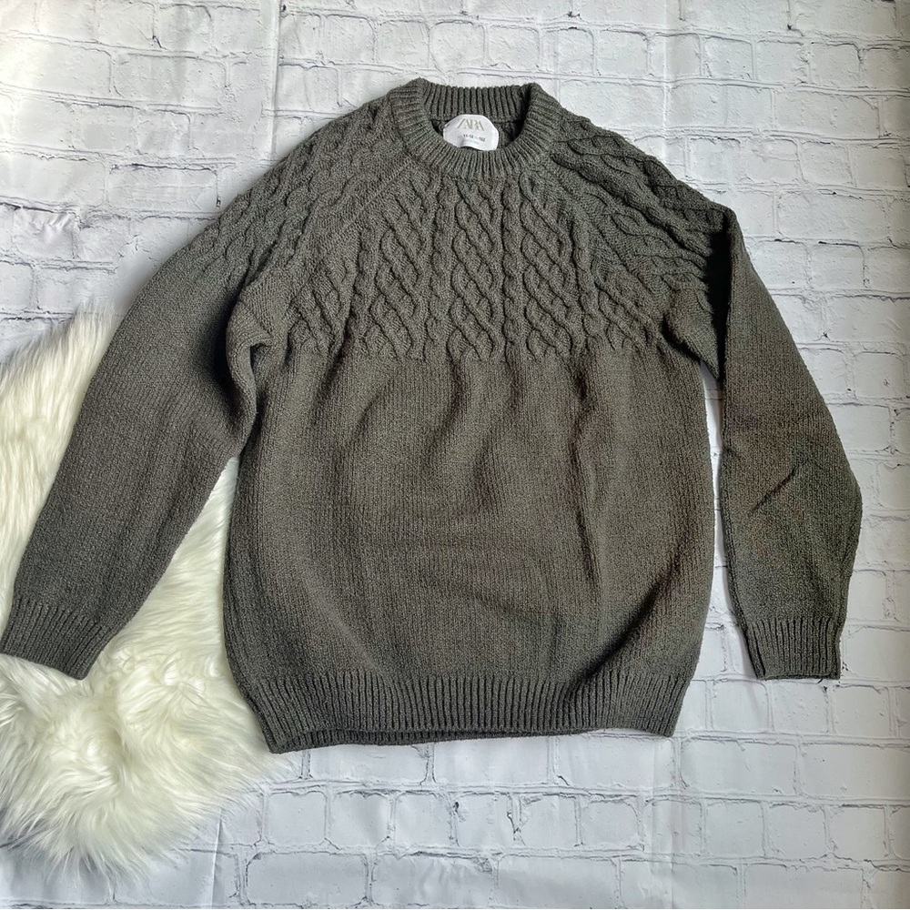 ZARA Boys Chunky Cable Knit Cotton Blend Crewneck Sweater